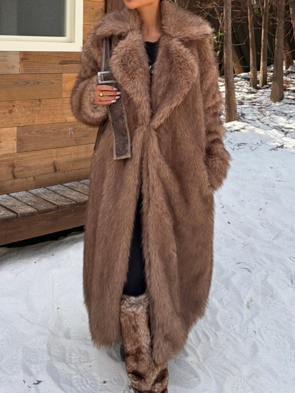 Multicolor Casual Women's Faux Fur Mid-Length Coat With Lapel